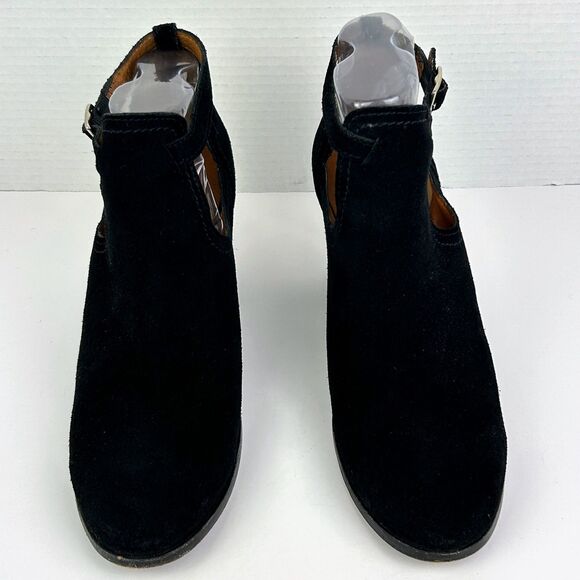 Frye Meghan Ankle Boots Black Suede Booties Cutout Strap w/ Buckle Heeled sz 9 - Picture 4 of 12